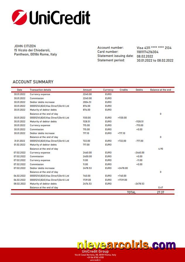 Italy Unicredit bank statement